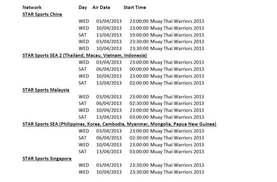 WMC Muaythai Warriors Schedule